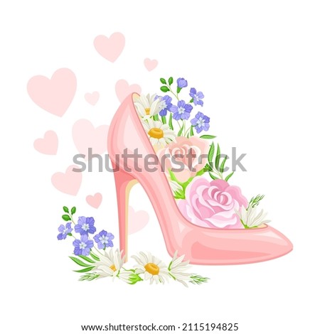 High Heeled Pink Shoe with Blooming Flowers Inside and Fluttering Hearts as International Women s Day Holiday Symbol Vector Composition