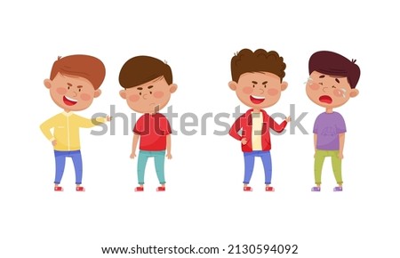 Warring Boy with Offensive Behavior Insulting Crying Agemate Vector Set