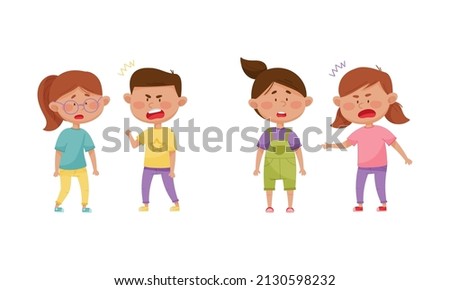 Warring Boy and Girl with Offensive Behavior Insulting Agemate Vector Set