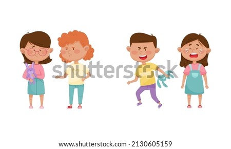 Warring Boy and Girl Taking Toy Hare Away from Crying Girl Agemate Vector Set