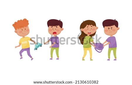 Warring Boy with Offensive Behavior Insulting Agemate Taking Away Backpack and Toy Car Vector Set