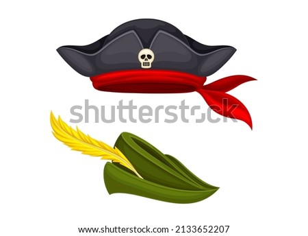 Carnival festive headgears set. Robin Hood and pirate hats cartoon vector illustration