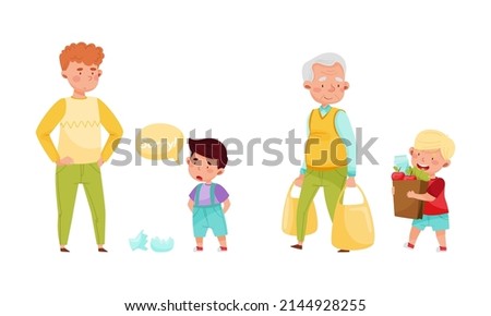 Cute kids with good manners set. Adorable boys helping to adults and apologising cartoon vector illustration