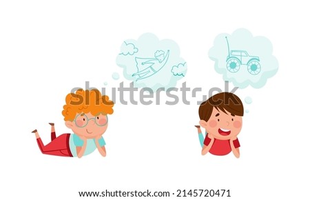 Kids with dream wishes in bubbles set. Children thinking about of becoming superhero and radio controlled car cartoon vector illustration