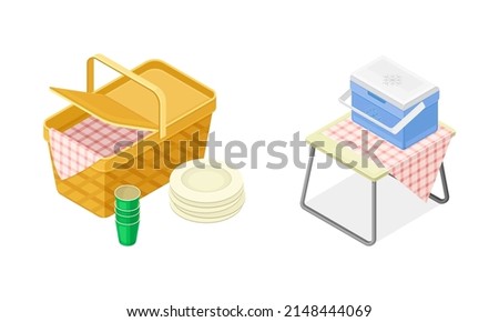 Hamper with Checkered Tablecloth and Stacked Plates and Refrigerator Box as Picnic Isometric Vector Illustration Set