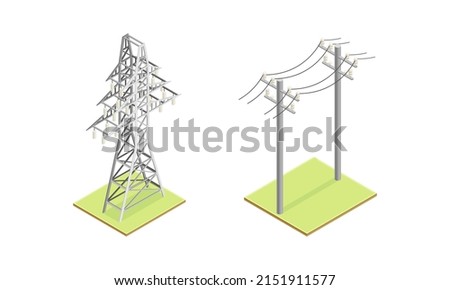 Electric power objects set. High voltage electricity power transmission grid isometric vector illustration