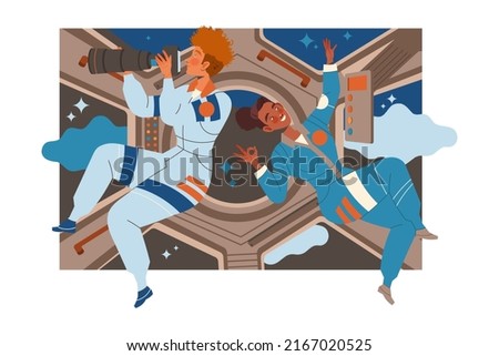 Man and Woman Astronaut Character in Outer Space in Spacesuit Flying on Space Shuttle Vector Illustration