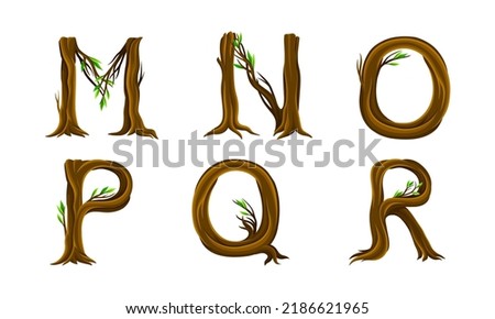 Forest woody alphabet. M,N,O,P,Q,R letters made of bent tree branches vector illustration Stock foto © 