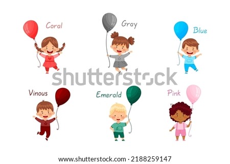 Set of cute kids holding balloons of different colors. Adorable boys and girls dressed coral, gray, blue, vinous, emerald, pink costumes cartoon vector illustration Foto d'archivio © 