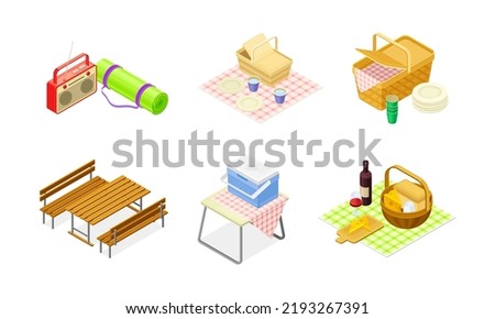 Picnic with Tablecloth and Hamper with Food as Summer Outdoors Meal Isometric Vector Set