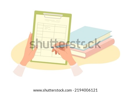 Human Hands Writing Something on Clipboard with Pen and Pile of Books Rested Nearby Vector Illustration