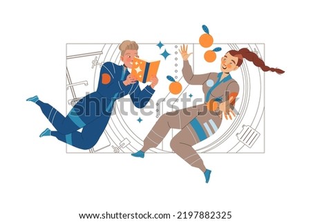 Man and Woman Astronaut Character in Outer Space in Spacesuit Flying on Space Shuttle Vector Illustration