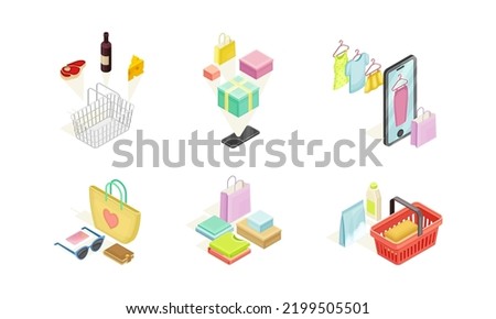Shopping and Retail Industry with Consumer Goods in Bags and Online Purchase Isometric Vector Set
