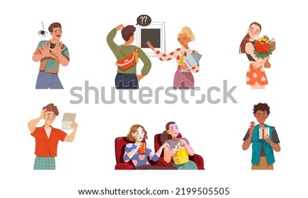 People Character Looking at Something with Different Face Expression and Emotion Vector Illustration Set