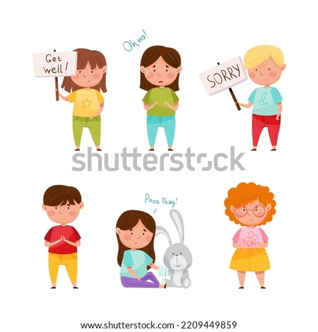 Set of polite little children apologizing. Boys and girls expressing regret. Kids having good manners cartoon vector illustration