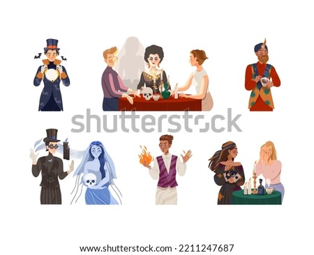 Man and Woman Fortune Teller and Psychic Predicting Future and Performing Occult Ritual Vector Illustration Set Stock foto © 
