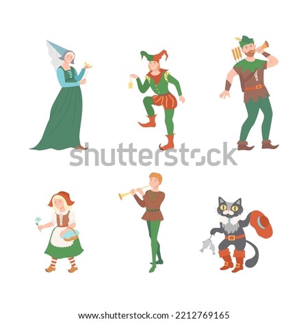 Fabulous Medieval Character from Fairytale with Red Riding Hood, Pussy in Boots, Robin Hood, Fairy Godmother and Jester Vector Set