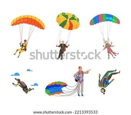 Paratroopers or Parachutist Free-falling and Descenting with Parachutes Vector Set