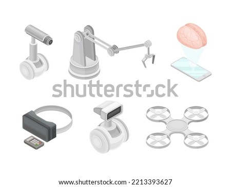 Robotic Technology with Electronic Equipment and Artificial Intelligence Like Robot, Smartphone, Virtual Glasses, Arm and Drone Isometric Vector Set