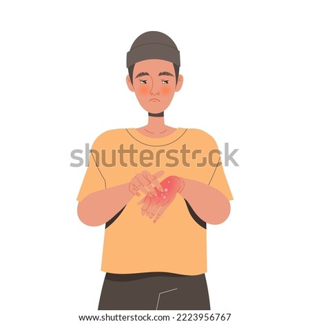 Man Character Suffering from Neurodermatitis Itching, Excessive Rubbing and Scratching Skin on His Hand Vector Illustration