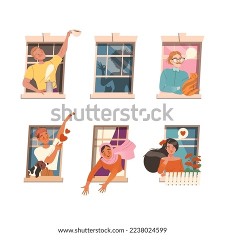 Cheerful looking out of windows set. Happy neighbourhoods characters drinking coffee, talking, helping each other through open windows. Stay at home concept vector illustration