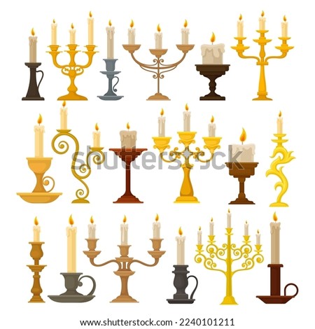 Candelabrum or Candle Holder with Burning Candle Rested in It Vector Set