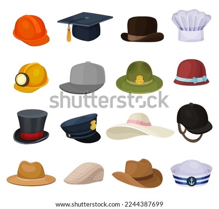 Different hats set. Headwear of chef cook, sheriff, builder, seaman, pilot. Male and female headgears cartoon vector