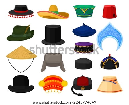 Hats of various countries set. National headwear cartoon vector