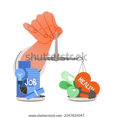Human Hand with Scales Choosing Between Health and Work Having Dilemma Comparing Vector Illustration