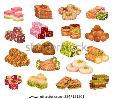 Arabic Sweets and Turkish Delights with Famous Baklava and Rahat Lakoum Big Vector Set