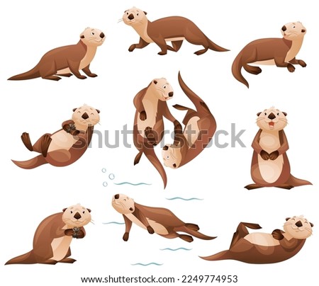 Sea Otter as Marine Mammal and Aquatic Creature with Brown Coat and Long Tail Vector Set