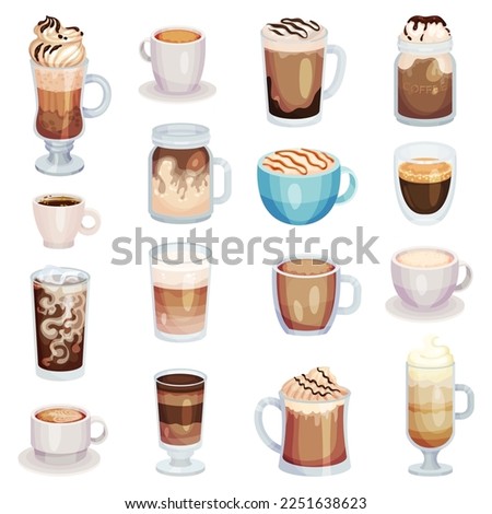 Coffee in Glass and Cups with Foam and Whipped Cream Top Big Vector Set