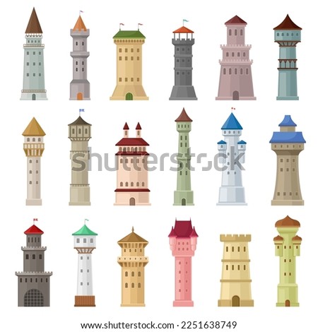 High Stone Towers with Castellation Walls and Windows Big Vector Set