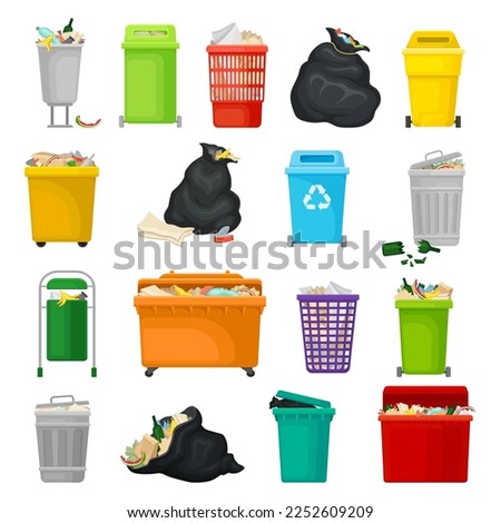 Trash and Garbage Bin Plastic Containers and Bags Big Vector Set