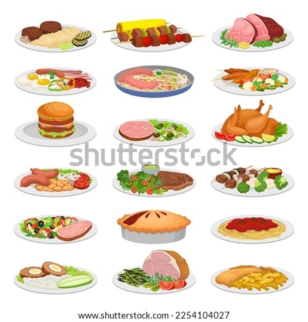 Meat Dish Served on Plate for Restaurant Menu Big Vector Set