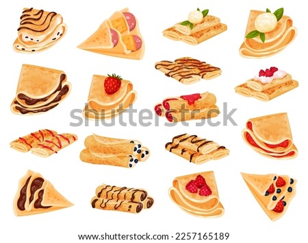 Pancakes with different stuffings set. Rolled crepes stuffed with strawberry, berry, raspberry, chocolate cartoon vector