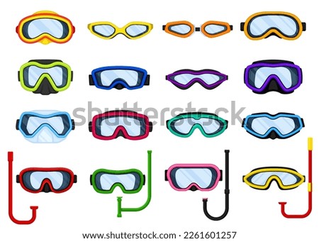 Scuba diving masks and tubes set. Underwater sport equipment for immersion in water cartoon vector