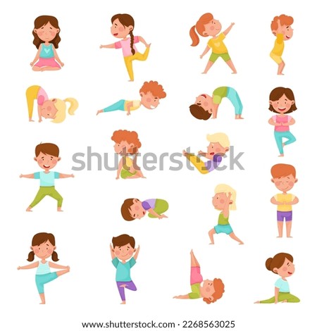 Little Children Doing Yoga Standing in Asana Breathing Big Vector Set