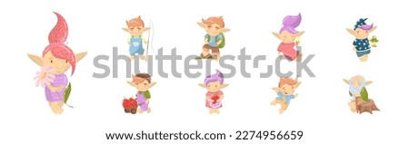 Cute Man and Woman Troll with Pointed Ears Engaged in Different Activity Vector Set