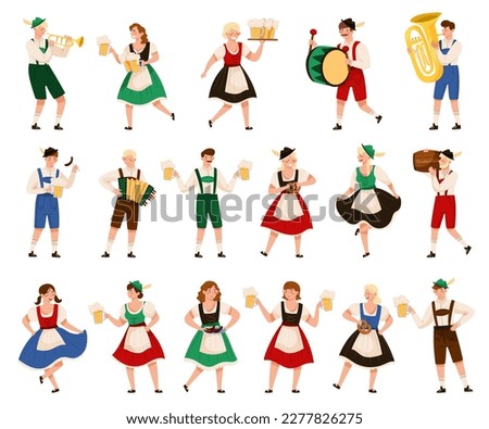 People Characters in Traditional Bavarian Costumes Playing Musical Instrument and Carrying Beer Mug Big Vector Set