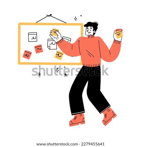 Productivity with Man Character Sticking Task on Kanban Board Vector Illustration