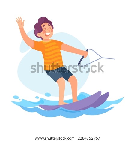 Funny Boy Waterskiing Doing Water Sport Activity Vector Illustration
