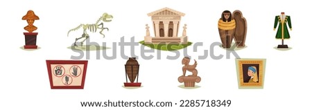 Museum Ancient Artifacts and Archaeological Exhibit Elements Vector Set