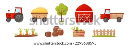 Farm Object with Tractor, Hay, Tree, Barn, Barrel, Crate and Fence Vector Set