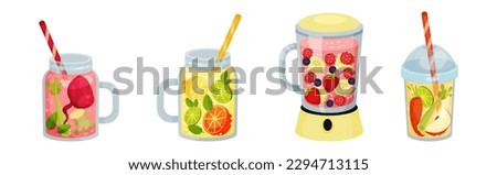 Smoothie in Blender and Jar with Different Ingredients Mixing Together Vector Set