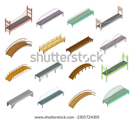 Fixed Bridges Made of Wood or Metal with Beam and Arch Bridge Isometric Big Vector Set