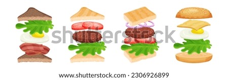 Burger with Floating Layer Ingredients as Fast Food Recipe Vector Set