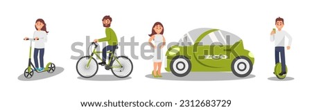 Young Man and Woman Taking Care of the Environment and Using Eco Friendly Transport Vector Illustration Set