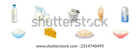 Dairy Products with Milk Jug, Bottle, Ice Cream and Carton Vector Set