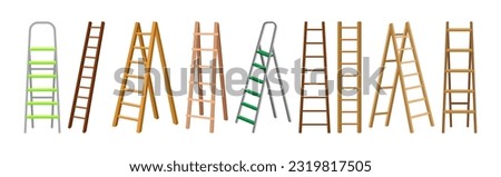 Wooden and Metal Step Ladder for Domestic and Construction Need Vector Set